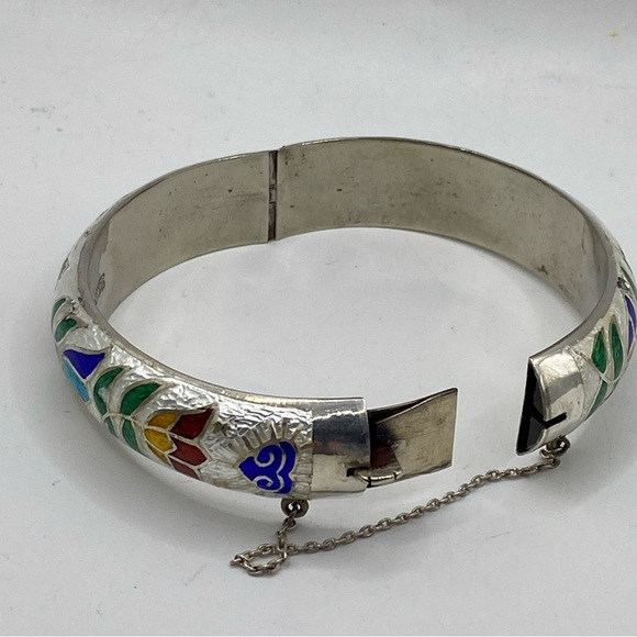 Bracelet Bangle Vintage Siam Enamel Decor Thailand 925 Sterling Silver /7.5”in - Picture 7 of 12